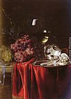 Plate Canvas Paintings - A Still Life of Grapes, a Roemer, a Silver Ewer and a Plate